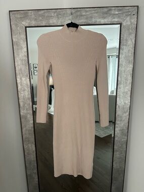 Abercrombie & Fitch Ribbed Mock-Neck Long Sleeve Dress in Taupe